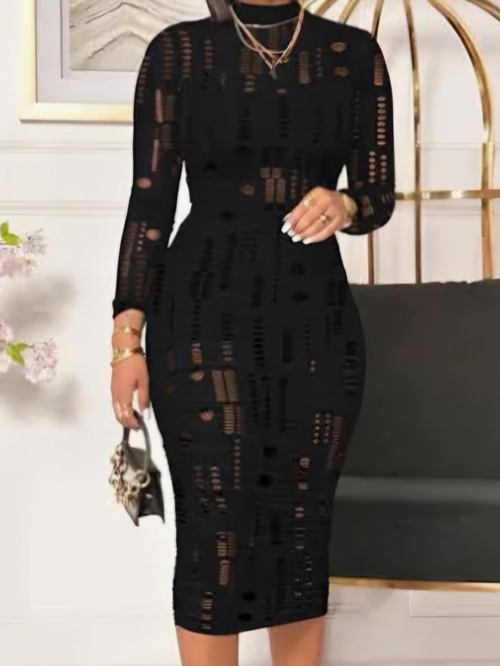 Black Bodycon Distressed Cutout Midi Dress XL Never Worn